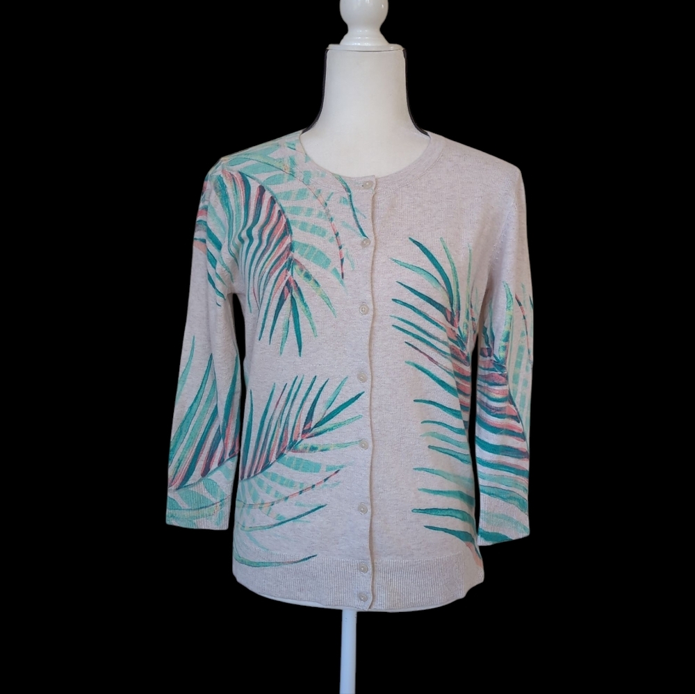 Merona Tropical Palm Leaf Print Heathered Button Up Cardigan Sweater MEDIUM Tan